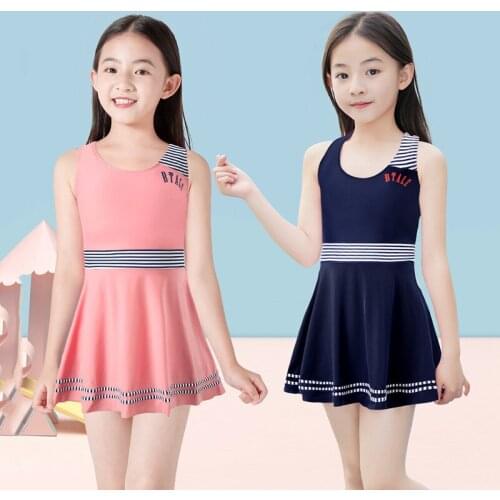 Vintage Juvenile One Piece Swimwsuit Girls Swimwear Retro Skirt Dress Swim Bathing Suit For Children Quick Dry Solid Chest Slim