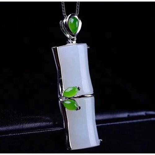 Designers Retro natural jade pendant S925 pure silver jewelry silver inlaid with jade bamboo Necklace