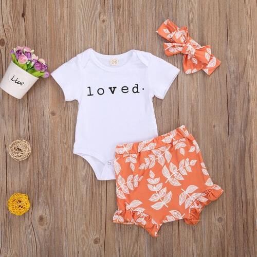 0-18M Newborn Infant Baby Girls Short Sleeve Letter Printed T-Shirt Orange Shorts 2pcs Outfits Clothes Sets Summer Clothing