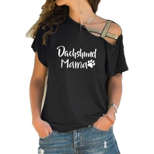 Dachshund Mama Print Dog Lover Funny Summer Teeshirt Women Short sleeve Loose Irregular Skew Cross Bandage Tops Tee