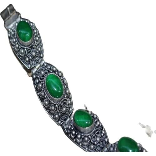 China Old Tibetan Silver Inlaid Emerald Bracelet