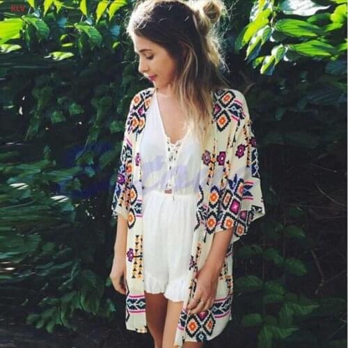 KLV Sexy Women Chiffon Geometry Loose Shawl Kimono Cardigan Boho Coat Jacket Blouse