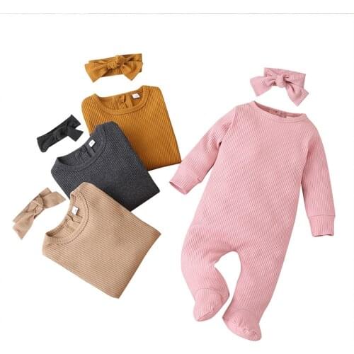 Autumn Winter Newborn Baby Boy Girl Cotton Romper Solid Ribbed Long Sleeve Footies Jumpsuit+Headband 2Pcs Outfits 0-12M