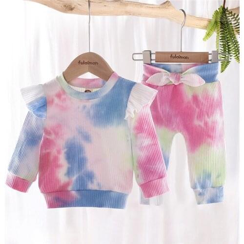 1-3 Years Newborn Infant Baby Girls Clothing Sets Ruffles Long Sleeve Tie Dye Tops Romper+Pants Fashion Children Girls Clothes