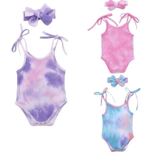 Romper Lace-up Tie Dye Jumpsuit+Headband 2pcs For Baby Girl Summer Fashion Gradation Color Sling Sleeveless Toddler 2pcs