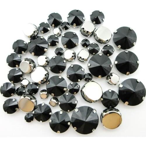 Black crystal strass mix Rivoli round shape 7 sizes silver claw flatback sew on rhinestone garments shoes sewing accessories diy