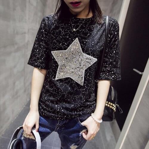 Summer ladies fashion black five-pointed star T-shirt print Harajuku short-sleeved round neck loose tees tops womens clothing