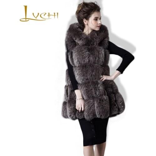 LVCHI Women Clothing Hooded Real Fox Fur Vest Peacock Blue Natural Genuine Leather Fox Overcoat Full Pelt Medium Charming Coats