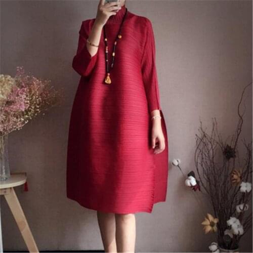2020 Spring Turtleneck Women Dress Miyak Pleated Fashion Design Solid loose large size Female Knee-length Dress Tide