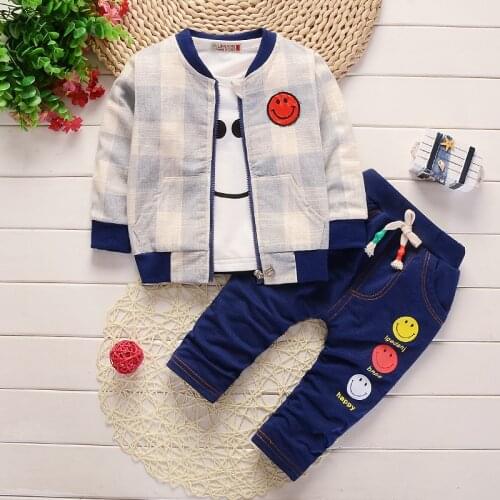 New Fashion Spring Fall Winter Cotton Warm Baby Boy Clothes 3 Pieces Plaid Zipper Long Sleeve Coat+smiley Tops+denim Pants 0-24M