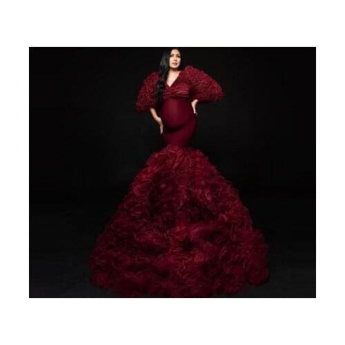 Charming Burgundy Fluffy Maternity Dresses Detachable Sleeves V Neck Stretchy Pleated Ruffles Long Mermaid Robes