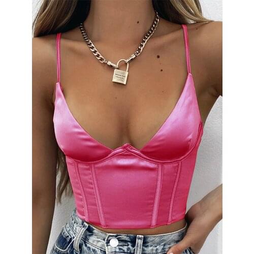 OMSJ Women Summer Sexy Newest Neno Pink Camisoles Tank Top Spaghetti Strap Front Buckle Backless Slim Crop Top Fashion Club Vest