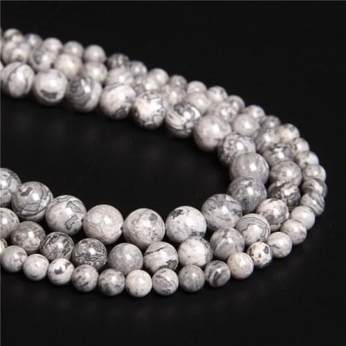 Wholesale Natural Grey Picture Stone Beads Round Smooth Jaspers Bead 6 8 10 12MM For Jewelry Making Bracelet DIY 15.5" Strand