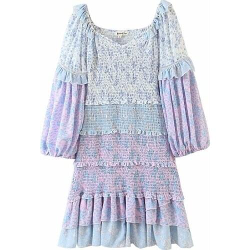 2021 Autumn Sheath Slim Mini Dress V-neck Ruffles Sweet Princess Dress Womens Elastic Lantern Sleeve Dress Retro Daily Dresses