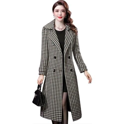 Autumn Winter Lattice Woolen Coat Female Outerwear Fashion Length Slim Wool Overcoat Women Oversize Mother Casual Windbreakers