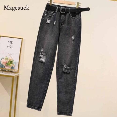 Autumn Loose Hole High Waist Thin Wide Leg Old Harem Pants 2020 New Dark Gray Jeans Ripped Jeans for Women Vaqueros Mujer 10826