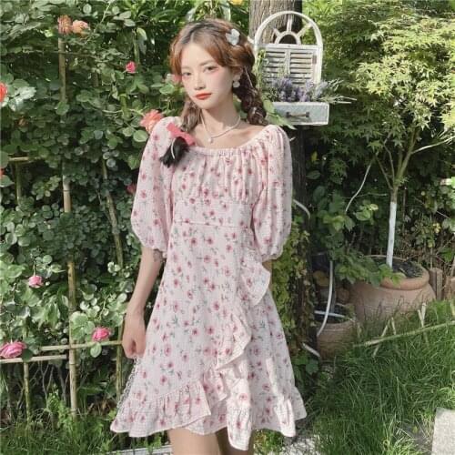 Floral Short-sleeved Dress Female Summer New Style Skirt Korean Version of The High-waisted Thin A-line Skirt Trend