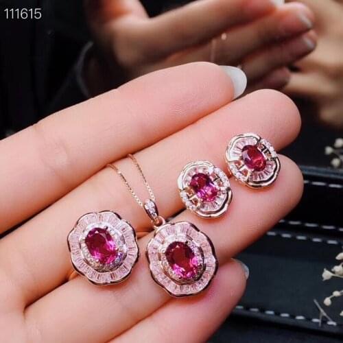S925 silver natural red garnet ring pendant earrings natural gemstone jewelry set Luxurious Sun flower woman wedding jewelry