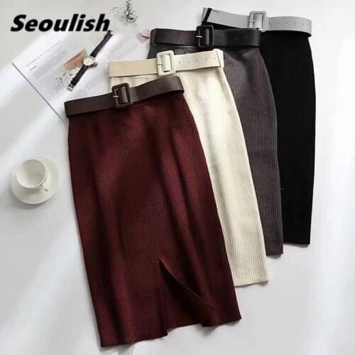 Seoulish Autumn Winter Womens Elegant Knitted Sheath Midi Skirts with Belted 2021 High Waist Wrap Skirt Back Split Pencil Skirt