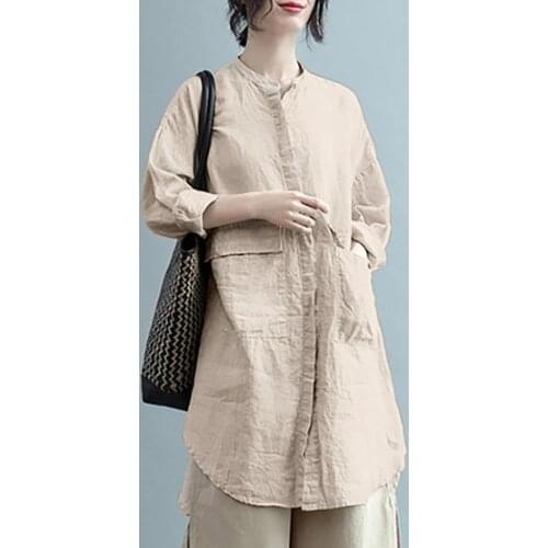 Women Cotton Linen Blouse Vintage Stand Collar Pocket Long Sleeve Tunic Tops Plus Size Loose Casual Long Blouses Dress Female