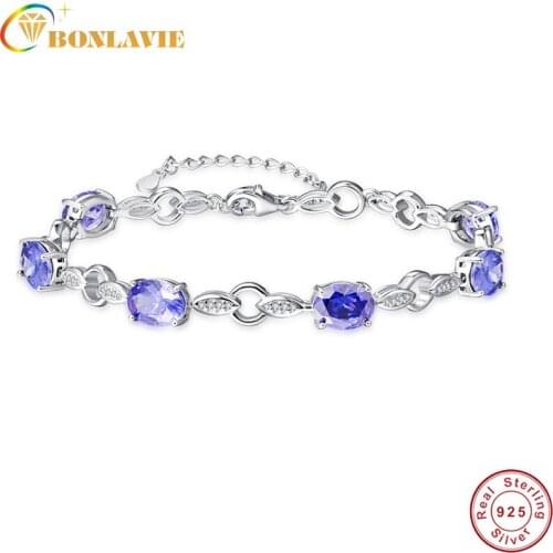 BONLAVI Oval Cut Created Tanzanite leaf shape Bridal Bracelets for Women Wedding Jewelry 925 Silver Bracelets Fashion Accessory