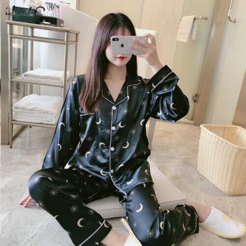 Women Silk Satin Pajamas Set Long Sleeve Trousers Pajamas Set Button-Down Printing Sleepwear Loungewear Womens Set Pyjamas