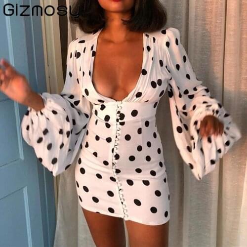 Gizmosy Polka Dot Mini Dress Women Deep V Neck Lantern Long Sleeve Spring Dress High Waist Buttons Down Party Dress Vestido 2021