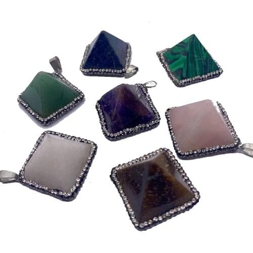 1pcs Natural Stone Pendant Amethyst Malachite Inlaid Diamond Fine Charm DIY Necklace Accessories Jewelry Making Supplies Rhombus