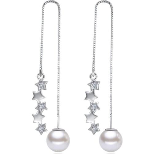 100% 925 sterling silver pearl crystal star design ladies'long stud earrings women jewelry wholesale birthday gift