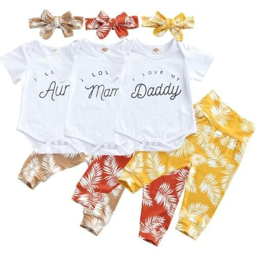 2021-03-26 Lioraitiin 3Pcs 0-18M Infant Newborn Baby Summer Outfits Letters Short Sleeve Romper Leaf Print Pants Headband