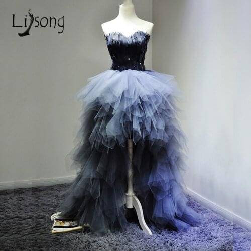 Smoking Gray Feather High Low Strapless Prom Dress Puffy Tiered New Design Fashion Party Maxi Gown Custom Made Vestido do Baile