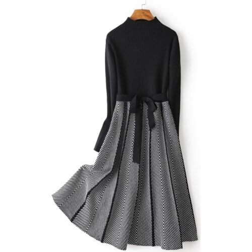 Elegant Knitted Sweater pleated Dress Female Autumn Winter Dress Long Sleeve Sweater Women Dress Office Lady Casual Midi Dress