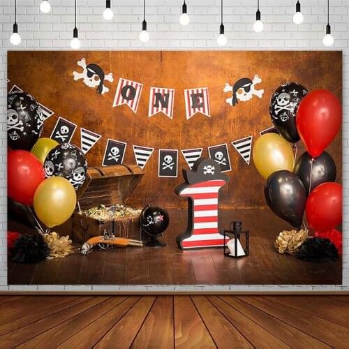 1st Happy Birthday Party Backdrop Pirate Ship Skull Globe Balloon Boy Decor Photo Studio Photography Background Photozone Props