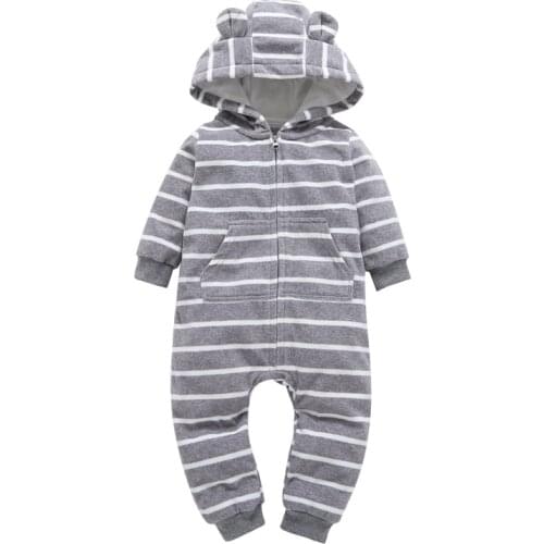 Infant baby boys clothes casual Unisex newborn baby rompers Fleece stripe long sleeve hooded one piece clothing Overalls gray