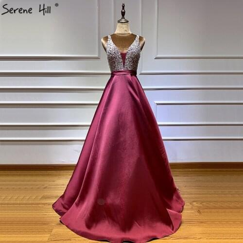 Wine Red Backless Sexy Fashion Dubai Evening Dresses V-Neck Sleeveless Formal Dress 2020 Real Photo Serene Hill LA6063
