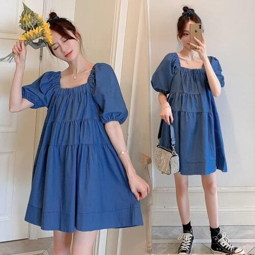 224# Maternity Clothes Summer Denim Square Collar Cute Solid Color Short Sleeves Loose Stylish Dress Pregnant Women Mom Dress