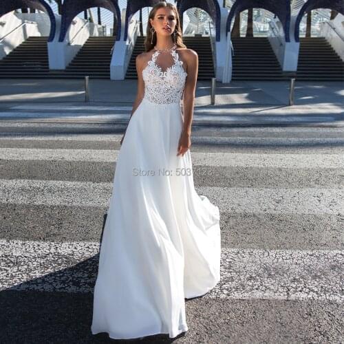 A Line Wedding Dresses 2020 Halter Sleeveless Illusion Beading Lace Appliques Floor Length Bridal Gowns Robe De Mariee