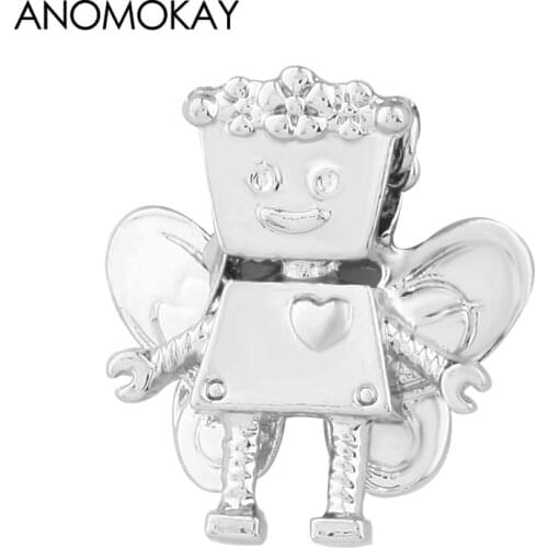 Anomokay Fashion Flower Fairy Robot Charm fit Bracelets & Bangles Silver Color Classic Robot Beads for DIY Jewelry 2 Pcs/Lot