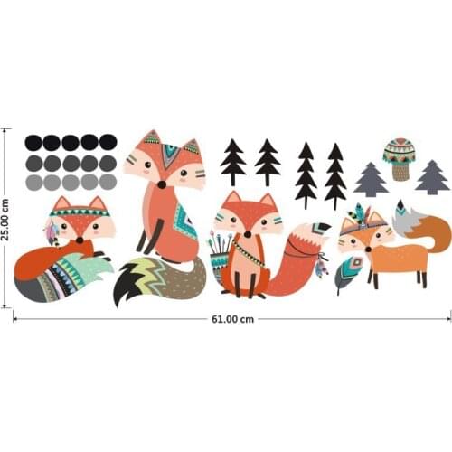 Indian Style Animal Fox Pine Tree Wall Stickers for Childrens Room Living Room Bedroom Art Sticker Kindergarten Room Decor