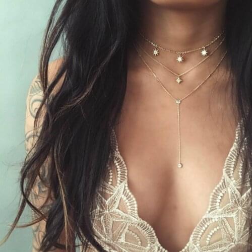 New fashion jewelry gold color with crystal pendant Multilayer Chain Necklace for women girl wholesale Choker Jewellery