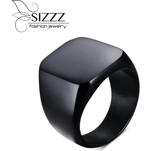 SIZZZ Mens Stainless Steel Band Big Rings Silver Color Black Signet Polished Biker Bague Club Party Jewelry