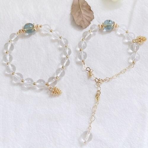 Reiki Natural Gem Stone White Clear Quartz Rock Crystal Bracelet for Women 14K Gold Filled Charm Bracelet Pine Cones Pendant