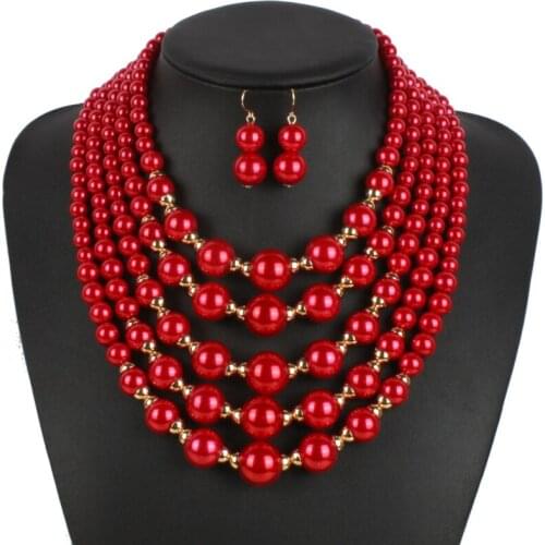 Luxury Womens Jewelry Sets Hyperbole Multilayer Beads Golden Chain Imitation Pearls Pendants Choker Bib Statement Necklace Sets