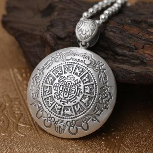 S990 Sterling Silver Jewelry Buddhism Vintage Thai Silver Sponge Necklace Pendant Buddhism Eight Treasures With Peace Pendant