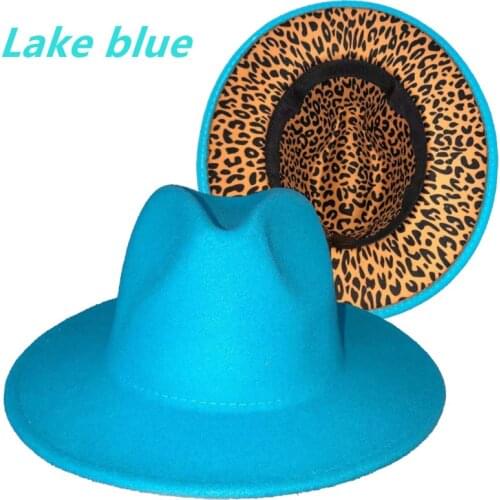 Lake blue fedora hat inner leopard print new Panama felt hat men and women jazz hat fedora hat blue female шапка женская