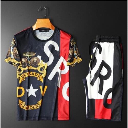 NewEuropean and American summer short-sleeved shorts sports suit mens ice silk fashion casual two-piece suitfor men