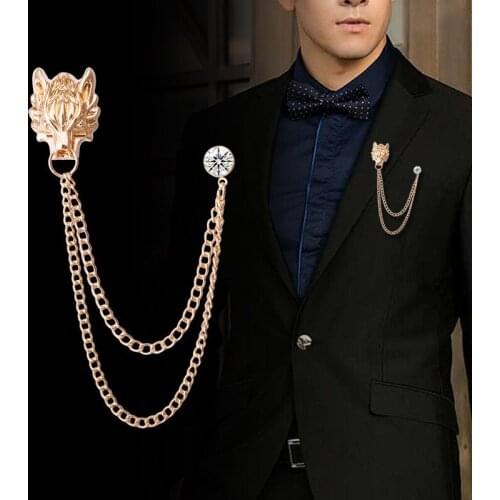Retro Rhinestone Wolf Head Brooch Animal Tassel Chain Lape Pin Mens Suit Badge Brooches Jewelry Luxury for Women Accessories