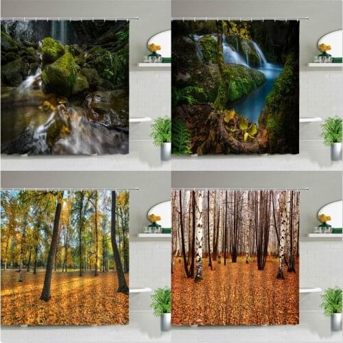 Natural Scenery Shower Curtains Forest Trees Creek Spring Autumn Landscape Bathroom Curtain Set Background Decor Cloth With Hook