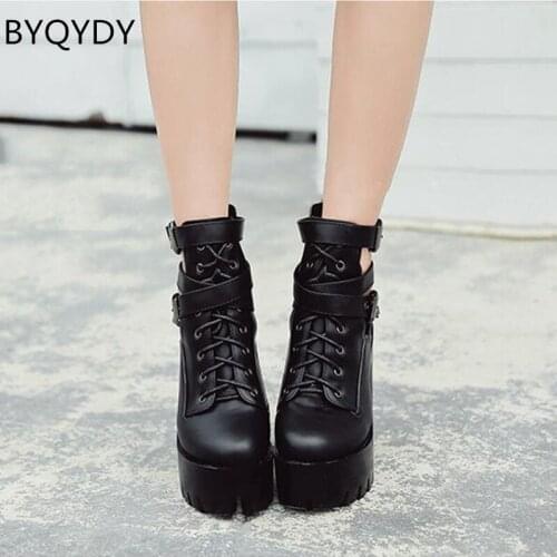 BYQDY Autumn High Heels Ankle Boots Woman Platform Lace Up Black Studded Rivets Vintage Women Short Boot Patent Leather Shoes