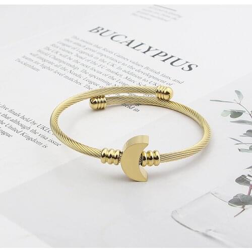 New Arrival Adjustable Size Crescent Shape Bangle Stainless Steel Twisted Cable Wire Jewelry Gold Color Bracelets for Women